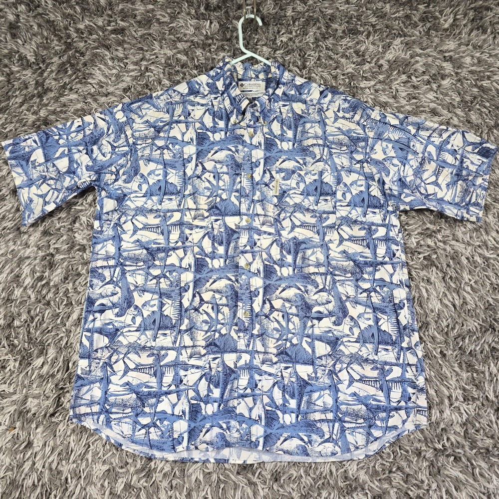 Columbia Mens XXL Blue White Fish Print Short Sleeve Button Down Fishing Shirt